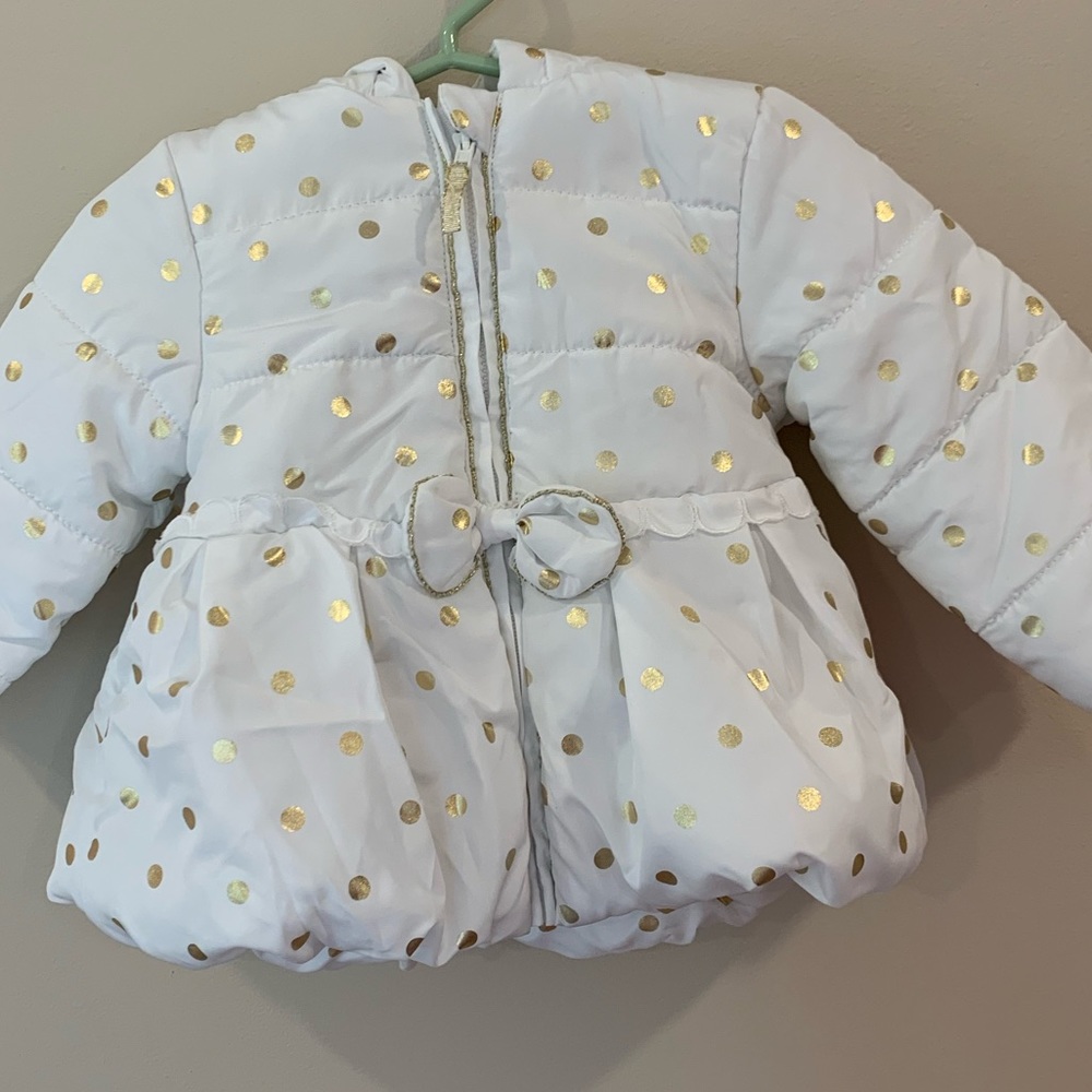 Gorgeous little me coat gold polka dot